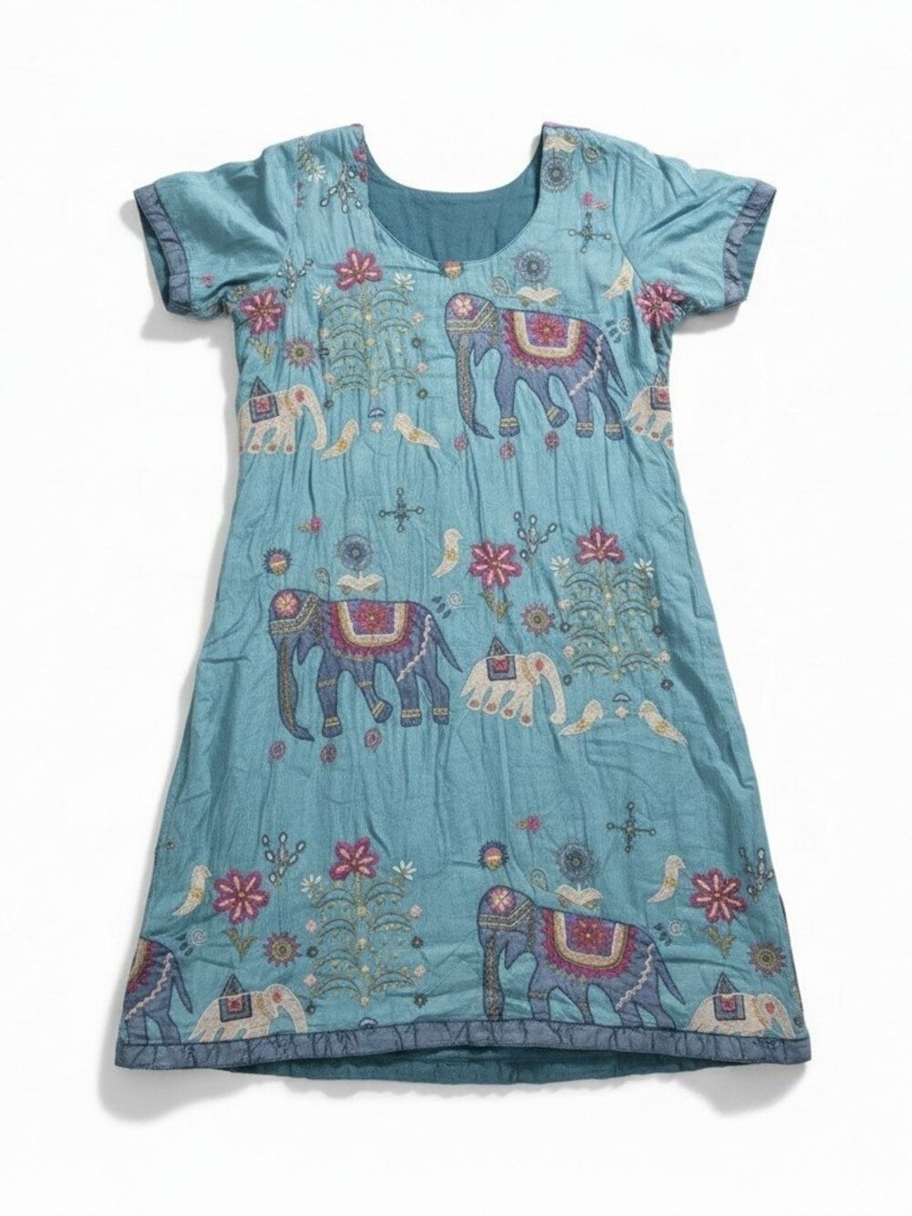 Artisan Indian Embroidered Elephant Boho Midi Dress Blue